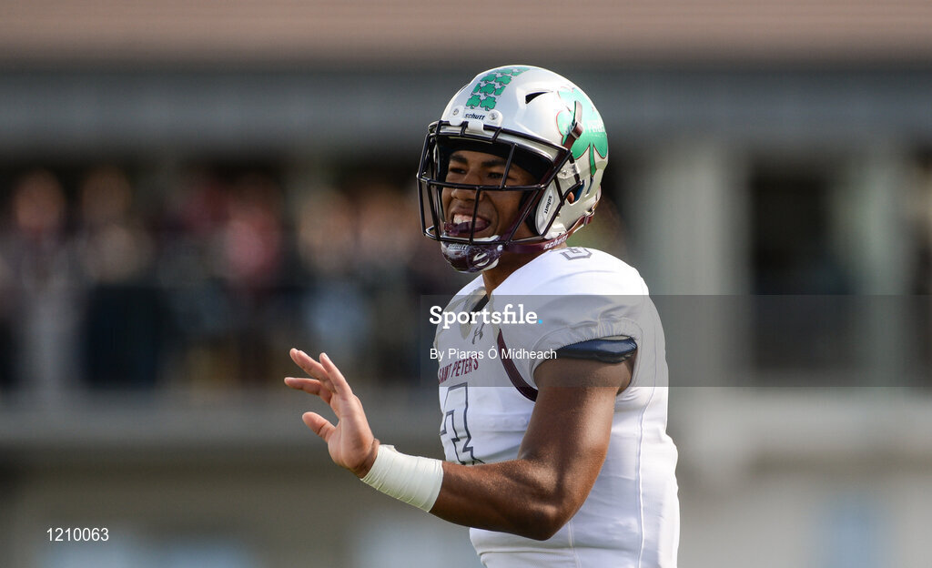 2 September 2016; Shayne Simon of St. Peters Prep during the game against Blessed Trinity. Donnybrook Stadium hosted a triple-header of high school American football games today as part of the Aer Lingus College Football Classic. Six top high school teams took part in the American Football Showcase with all proceeds from the game going to Special Olympics Ireland, the official charity partner to the Aer Lingus College Football Classic. High School American Football Showcase match between Blessed Trinity of Atlanta, Georgia and St. Peters Prep of Jersey City, New Jersey at Donnybrook Stadium in Dublin. Photo by Piaras Ó Mídheach/Sportsfile