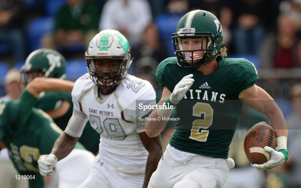 2 September 2016; Colin Davis of Blessed Trinity against Dakari Falconer of St. Peters Prep. Donnybrook Stadium hosted a triple-header of high school American football games today as part of the Aer Lingus College Football Classic. Six top high school teams took part in the American Football Showcase with all proceeds from the game going to Special Olympics Ireland, the official charity partner to the Aer Lingus College Football Classic. High School American Football Showcase match between Blessed Trinity of Atlanta, Georgia and St. Peters Prep of Jersey City, New Jersey at Donnybrook Stadium in Dublin. Photo by Piaras Ó Mídheach/Sportsfile