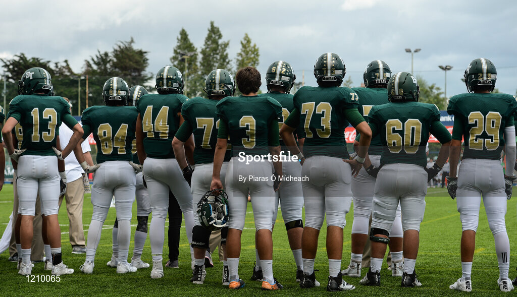 2 September 2016; Blessed Trinity players look on during their game against St. Peters Prep. Donnybrook Stadium hosted a triple-header of high school American football games today as part of the Aer Lingus College Football Classic. Six top high school teams took part in the American Football Showcase with all proceeds from the game going to Special Olympics Ireland, the official charity partner to the Aer Lingus College Football Classic. High School American Football Showcase match between Blessed Trinity of Atlanta, Georgia and St. Peters Prep of Jersey City, New Jersey at Donnybrook Stadium in Dublin. Photo by Piaras Ó Mídheach/Sportsfile