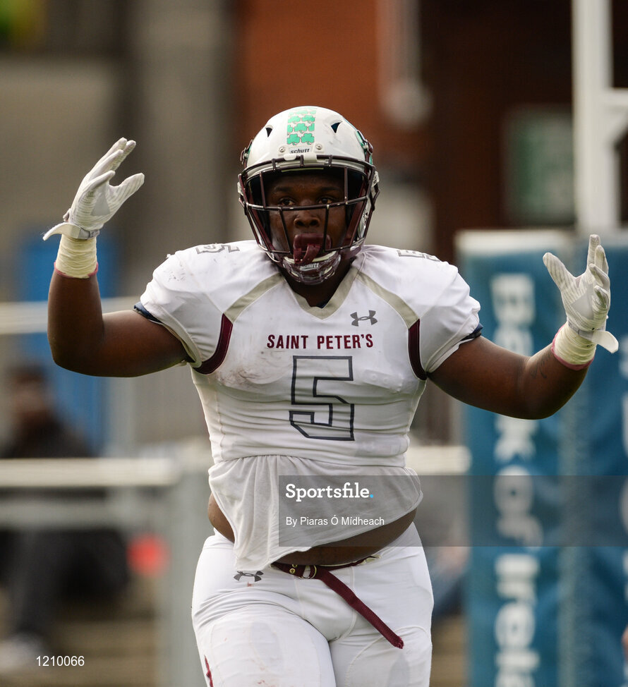 2 September 2016; Damion Abrams of St. Peters Prep during the game against Blessed Trinity. Donnybrook Stadium hosted a triple-header of high school American football games today as part of the Aer Lingus College Football Classic. Six top high school teams took part in the American Football Showcase with all proceeds from the game going to Special Olympics Ireland, the official charity partner to the Aer Lingus College Football Classic. High School American Football Showcase match between Blessed Trinity of Atlanta, Georgia and St. Peters Prep of Jersey City, New Jersey at Donnybrook Stadium in Dublin. Photo by Piaras Ó Mídheach/Sportsfile