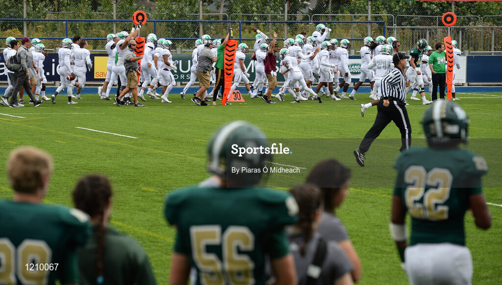 2 September 2016; St. Peters Prep players celebrate a touchdown as Blessed Trinity look on during the game. Donnybrook Stadium hosted a triple-header of high school American football games today as part of the Aer Lingus College Football Classic. Six top high school teams took part in the American Football Showcase with all proceeds from the game going to Special Olympics Ireland, the official charity partner to the Aer Lingus College Football Classic. High School American Football Showcase match between Blessed Trinity of Atlanta, Georgia and St. Peters Prep of Jersey City, New Jersey at Donnybrook Stadium in Dublin. Photo by Piaras Ó Mídheach/Sportsfile