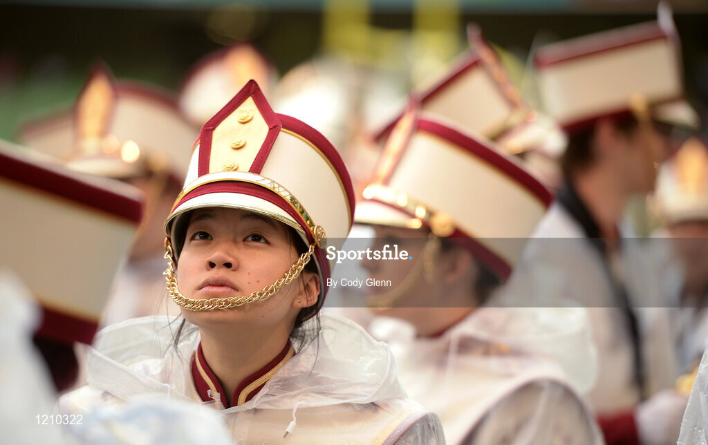 3 September 2016; Boston band members march out in the rain ahead of the Aer Lingus College Football Classic match between Boston College Eagles and Georgia Tech Yellow Jackets at the Aviva Stadium in Lansdowne Road, Dublin. Photo by Cody Glenn/Sportsfile