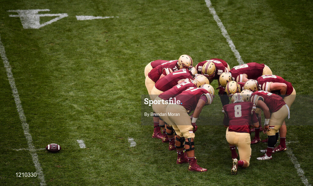 3 September 2016; The Boston College offensive line gather in a huddle during the first quarter of the Aer Lingus College Football Classic match between Boston College Eagles and Georgia Tech Yellow Jackets at the Aviva Stadium in Lansdowne Road, Dublin. Photo by Brendan Moran/Sportsfile