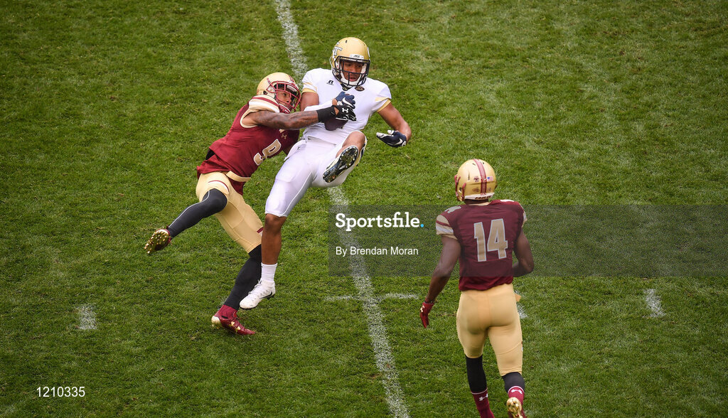 3 September 2016; Wide Receiver Ricky Jeune of Georgia Tech Yellow Jackets catches a pass ahead of Defensive Back John Johnson of Boston College Eagles during the Aer Lingus College Football Classic match between Boston College Eagles and Georgia Tech Yellow Jackets at the Aviva Stadium in Lansdowne Road, Dublin. Photo by Brendan Moran/Sportsfile