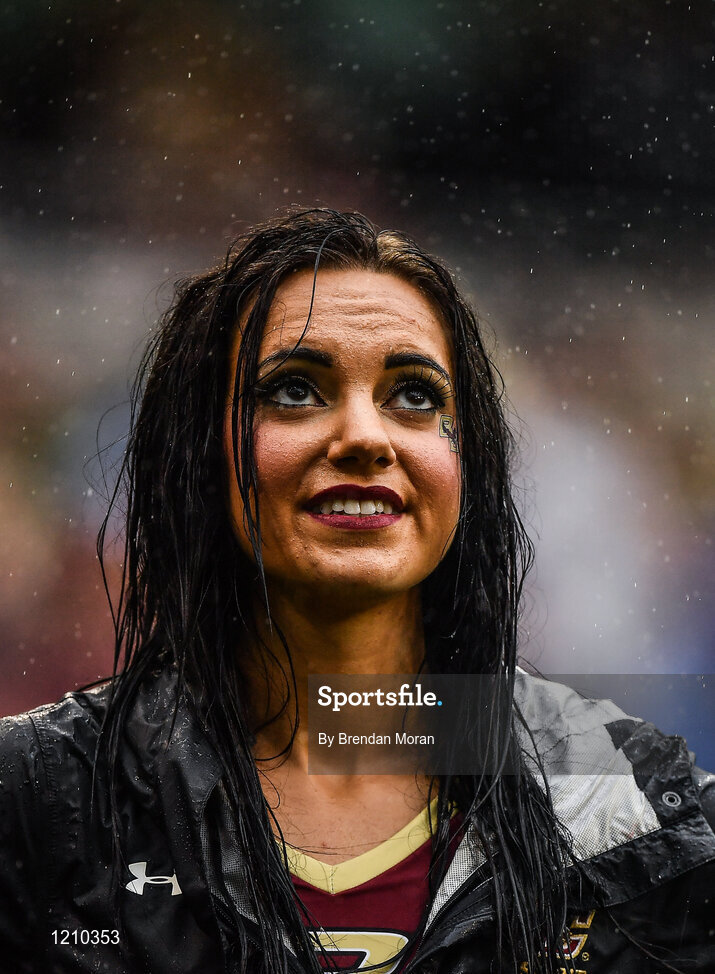 3 September 2016; A Boston College cheerleader looks up at the heavy rain during the Aer Lingus College Football Classic match between Boston College Eagles and Georgia Tech Yellow Jackets at the Aviva Stadium in Lansdowne Road, Dublin. Photo by Brendan Moran/Sportsfile