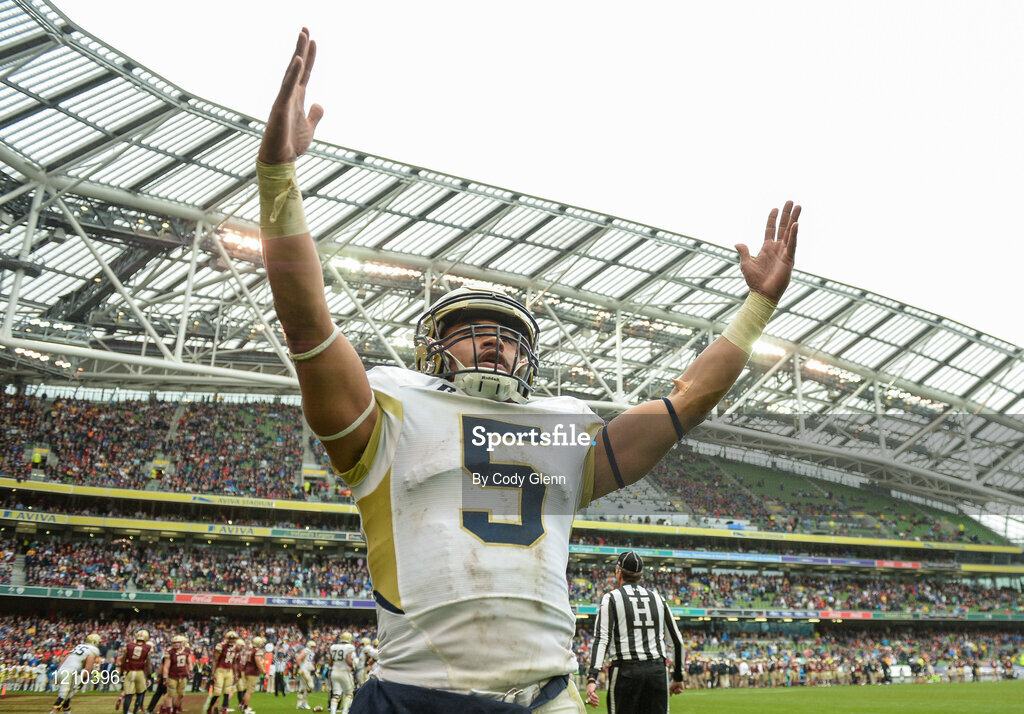 3 September 2016; Georgia Tech quarterback Justin Thomas celebrates after his team's winning touchdown during the Aer Lingus College Football Classic match between Boston College Eagles and Georgia Tech Yellow Jackets at the Aviva Stadium in Lansdowne Road, Dublin. Photo by Cody Glenn/Sportsfile