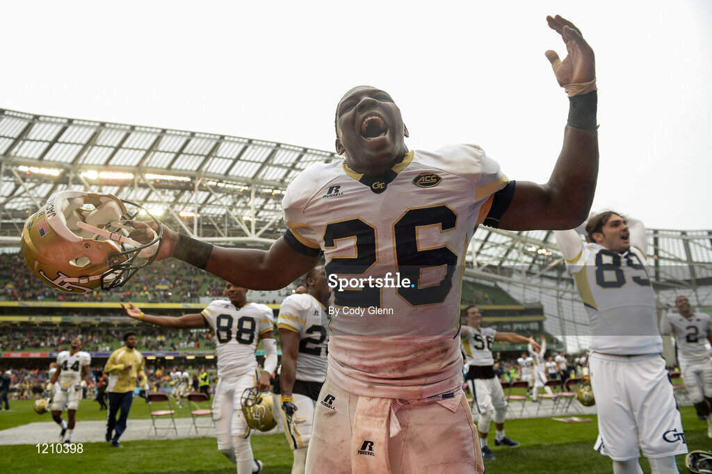 3 September 2016; Georgia Tech running back Dedrick Mills celebrates after scoring his team's winning touchdown during the Aer Lingus College Football Classic match between Boston College Eagles and Georgia Tech Yellow Jackets at the Aviva Stadium in Lansdowne Road, Dublin. Photo by Cody Glenn/Sportsfile