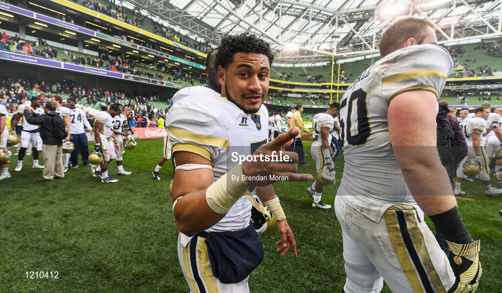 3 September 2016; Quarterback Justin Thomas of Georgia Tech Yellow Jackets celebrates after the Aer Lingus College Football Classic match between Boston College Eagles and Georgia Tech Yellow Jackets at the Aviva Stadium in Lansdowne Road, Dublin. Photo by Brendan Moran/Sportsfile