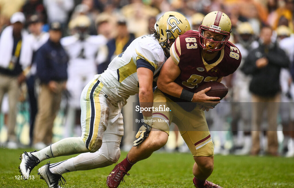 3 September 2016; Wide Receiver Charlie Callinan of Boston College Eagles is tackled by Linebacker Brant Mitchell of Georgia Tech Yellow Jackets during the Aer Lingus College Football Classic match between Boston College Eagles and Georgia Tech Yellow Jackets at the Aviva Stadium in Lansdowne Road, Dublin. Photo by Brendan Moran/Sportsfile