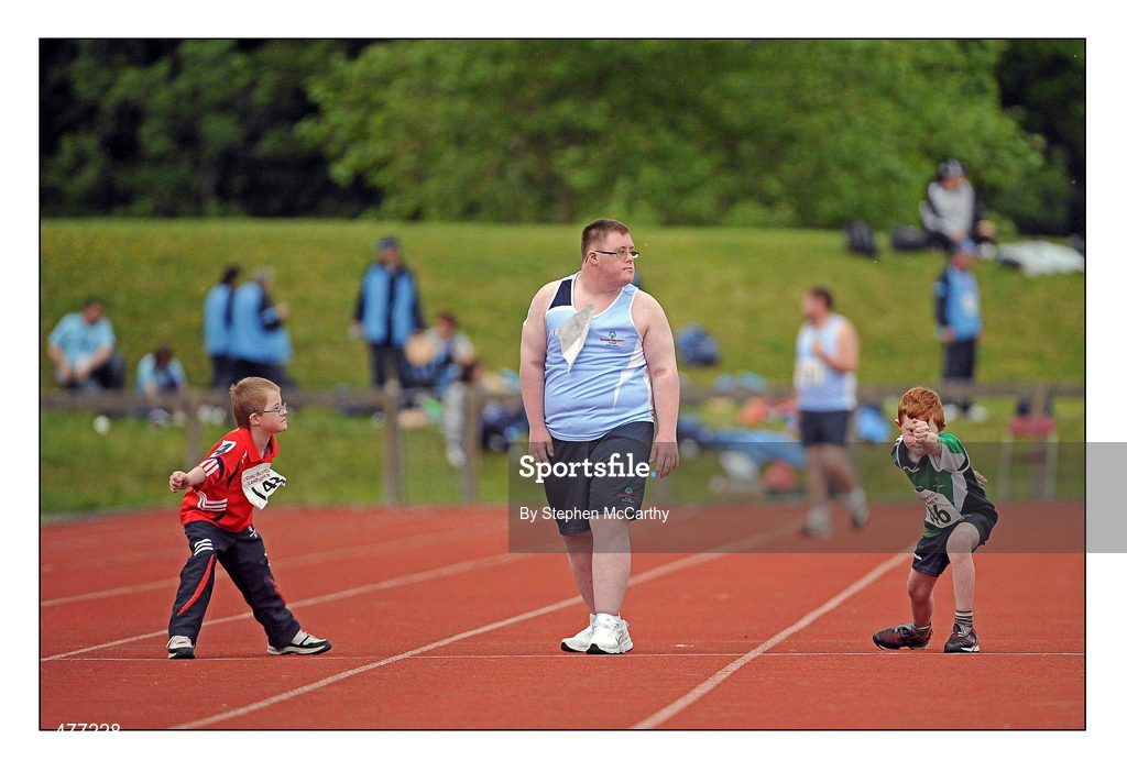 10 June 2010; Athletes, from left, Liam Buckley, from Bandon, Cork, Dale Blount, from Ballybough, Dublin, and Jack Walsh, from Oranmore, Galway, prepare for their athletics divisioning events at the 2010 Special Olympics Ireland Games. University of Limerick, Limerick. Picture credit: Stephen McCarthy / SPORTSFILE