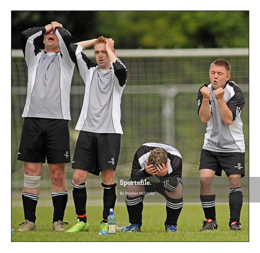 12 June 2010; Ulster Region players react during their penalty shoot-out victory over Munster Region in the 11-a-side football event during the third day of the 2010 Special Olympics Ireland Games. University of Limerick, Limerick. Picture credit: Stephen McCarthy / SPORTSFILE