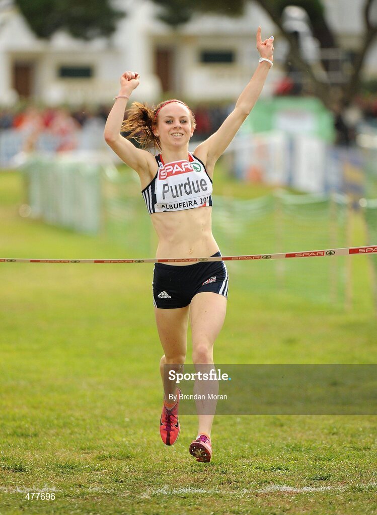 12 December 2010; Charlotte Perdue of Great Britain crosses the line to win the Junior Women's race, in a time of 12:42. 17th SPAR European Cross Country Championships, Albufeira, Portugal. Picture credit: Brendan Moran / SPORTSFILE