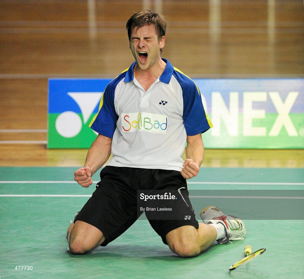 12 December 2010; Denmark's Hans-Kristian Vittinghus celebrates after winning his final against Spain's Pablo Abian. Vittinghus won the match 21-13, 14-21, 23-21. Yonex Irish International Badminton Championship Finals, Men's Single Final, Hans-Kristian Vittinghus v Pablo Abian, Baldoyle Badminton Centre, Dublin. Picture credit: Brian Lawless / SPORTSFILE