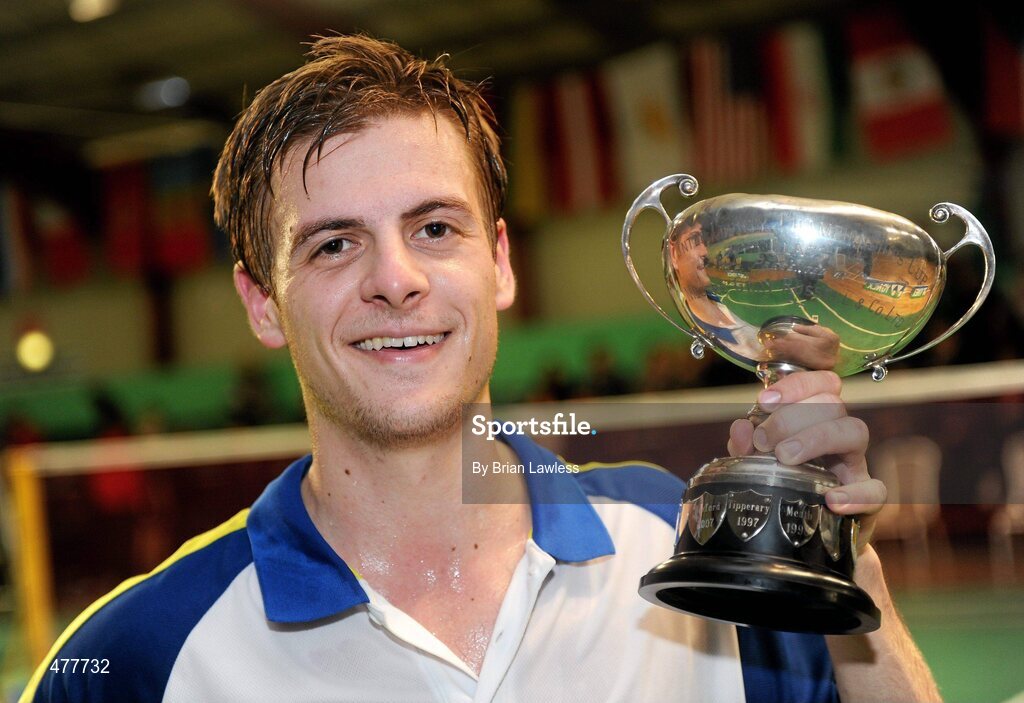 12 December 2010; Denmark's Hans-Kristian Vittinghus with his cup after winning his final against Spain's Pablo Abian. Vittinghus won the match 21-13, 14-21, 23-21. Yonex Irish International Badminton Championship Finals, Men's Single Final, Hans-Kristian Vittinghus v Pablo Abian, Baldoyle Badminton Centre, Dublin. Picture credit: Brian Lawless / SPORTSFILE