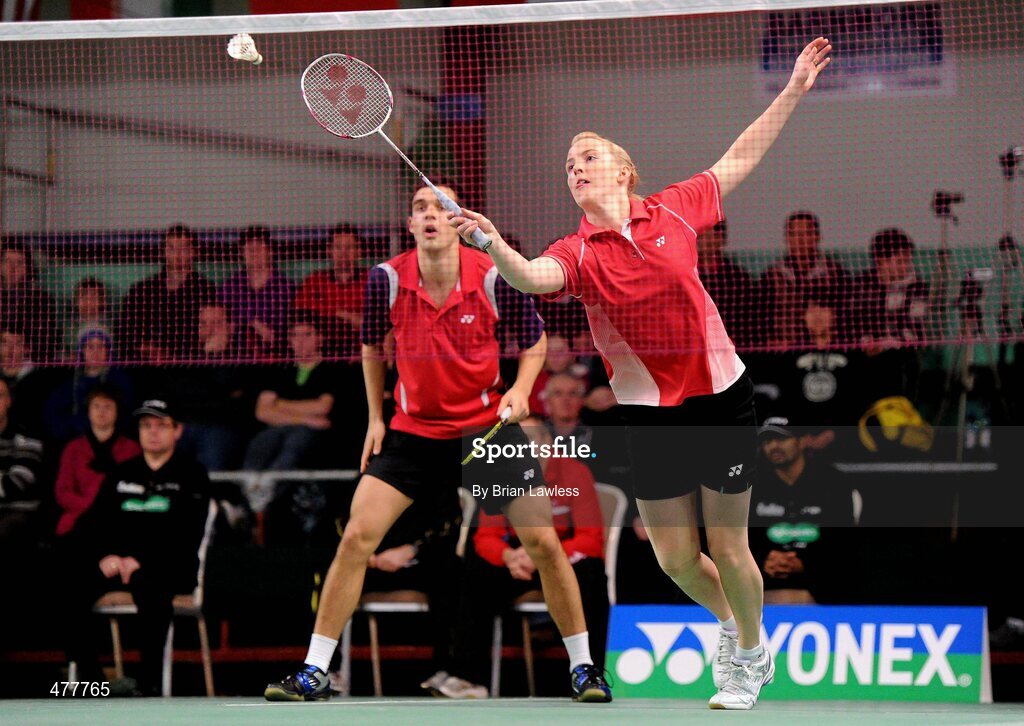 12 December 2010; Great Britain's Imogen Bankier and Chris Adcock in action during their final against Denmark's Christian John Skovgaard and Britta Andersen. Great Britain won the final 21-13, 21-11. Yonex Irish International Badminton Championship Finals, Mixed Doubles Final, Great Britain v Denmark, Baldoyle Badminton Centre, Dublin. Picture credit: Brian Lawless / SPORTSFILE