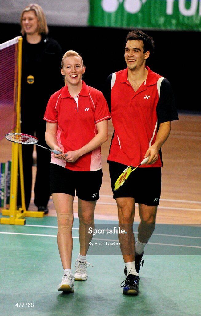 12 December 2010; Great Britain's Imogen Bankier and Chris Adcock after their final against Denmark's Christian John Skovgaard and Britta Andersen. Great Britain won the final 21-13, 21-11. Yonex Irish International Badminton Championship Finals, Mixed Doubles Final, Great Britain v Denmark, Baldoyle Badminton Centre, Dublin. Picture credit: Brian Lawless / SPORTSFILE