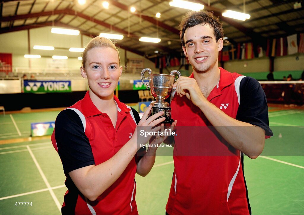 12 December 2010; Great Britain's Imogen Bankier and Chris Adcock with their cup after their final against Denmark's Christian John Skovgaard and Britta Andersen. Great Britain won the final 21-13, 21-11. Yonex Irish International Badminton Championship Finals, Mixed Doubles Final, Great Britain v Denmark, Baldoyle Badminton Centre, Dublin. Picture credit: Brian Lawless / SPORTSFILE