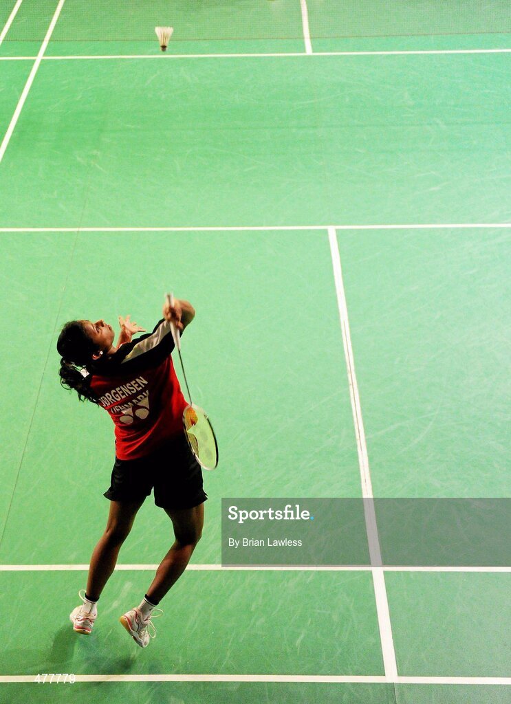 12 December 2010; Denmark's Karina Jorgensen in action during her match against Scotland's Susan Egelstaff in the Women's Singles Final. Egelstaff won the match 23-21, 21-8. Yonex Irish International Badminton Championship Finals, Women's Singles Final, Susan Egelstaff v Karina Jorgensen, Baldoyle Badminton Centre, Dublin. Picture credit: Brian Lawless / SPORTSFILE