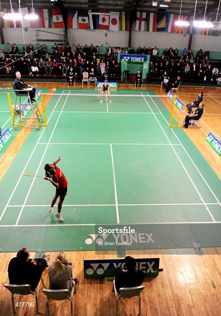 12 December 2010; Denmark's Karina Jorgensen, bottom, in action during her match against Scotland's Susan Egelstaff in the Women's Singles Final. Egelstaff won the match 23-21, 21-8. Yonex Irish International Badminton Championship Finals, Women's Singles Final, Susan Egelstaff v Karina Jorgensen, Baldoyle Badminton Centre, Dublin. Picture credit: Brian Lawless / SPORTSFILE