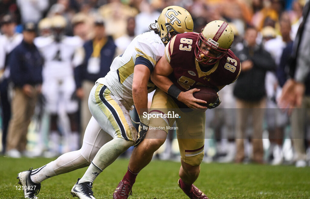 3 September 2016; Wide Receiver Charlie Callinan of Boston College Eagles is tackled by Linebacker Brant Mitchell of Georgia Tech Yellow Jackets during the Aer Lingus College Football Classic match between Boston College Eagles and Georgia Tech Yellow Jackets at the Aviva Stadium in Lansdowne Road, Dublin. Photo by Brendan Moran/Sportsfile