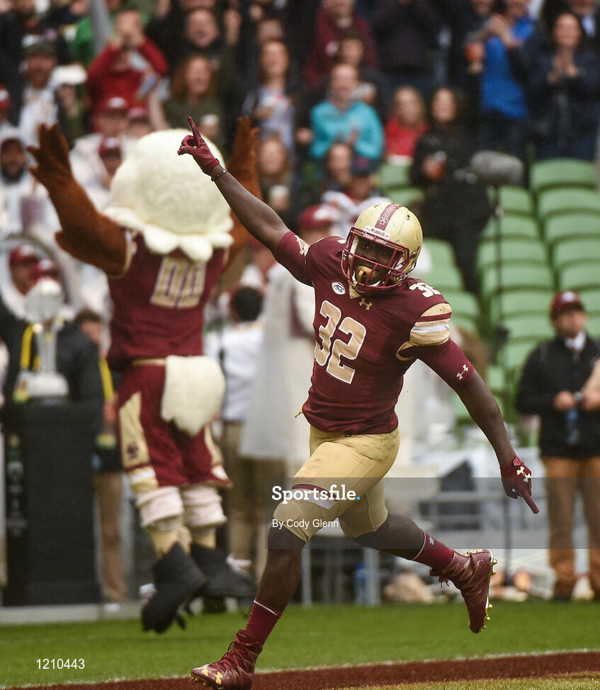 3 September 2016; Boston College running back Jon Hilliman celebrates a 72-yard touchdown run during the Aer Lingus College Football Classic match between Boston College Eagles and Georgia Tech Yellow Jackets at the Aviva Stadium in Lansdowne Road, Dublin. Photo by Cody Glenn/Sportsfile