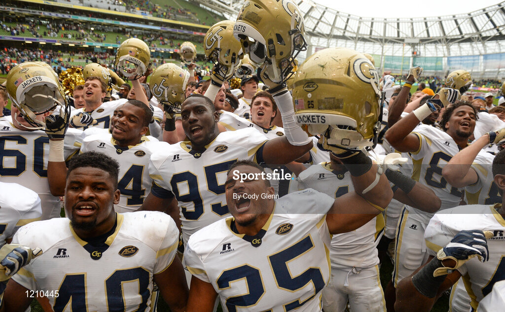 3 September 2016; Georgia Tech players celebrate winning the Aer Lingus College Football Classic match between Boston College Eagles and Georgia Tech Yellow Jackets at the Aviva Stadium in Lansdowne Road, Dublin. Photo by Cody Glenn/Sportsfile