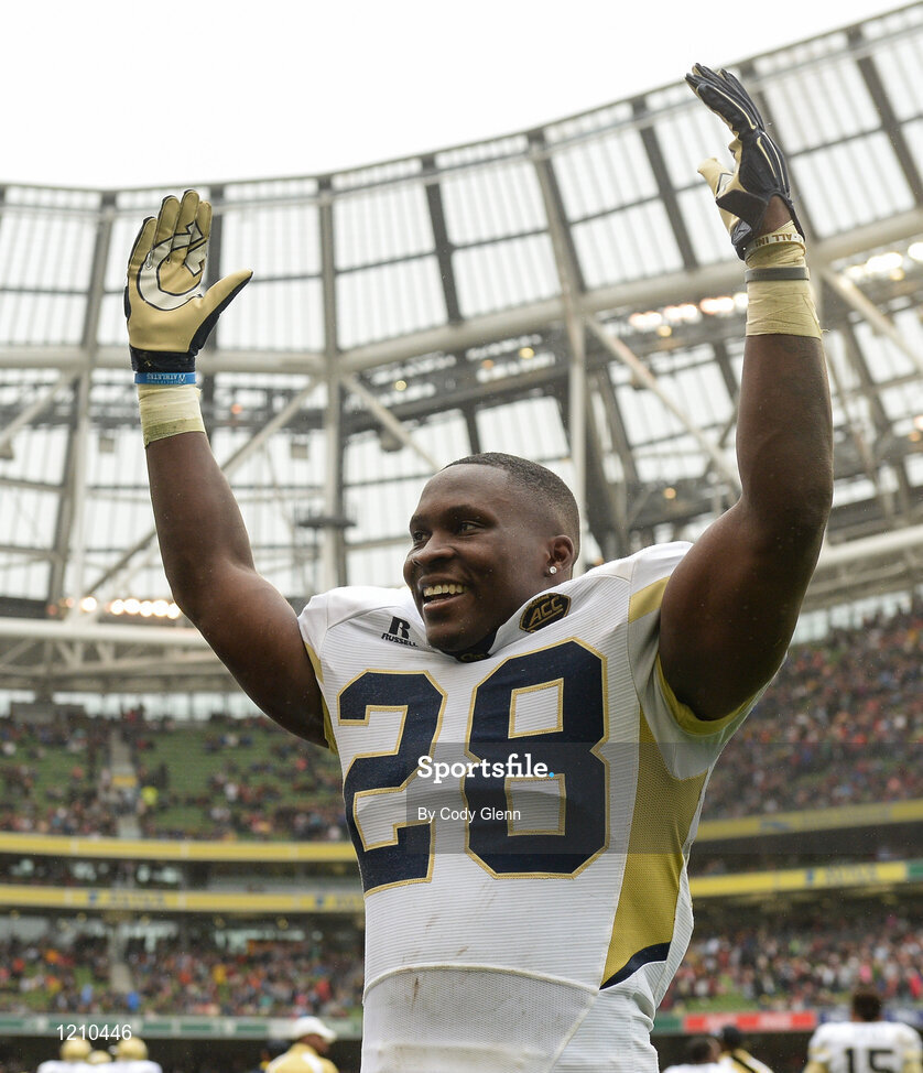 3 September 2016; Georgia Tech running back Dedrick Mills celebrates after his scoring team's winning touchdown during the Aer Lingus College Football Classic match between Boston College Eagles and Georgia Tech Yellow Jackets at the Aviva Stadium in Lansdowne Road, Dublin. Photo by Cody Glenn/Sportsfile