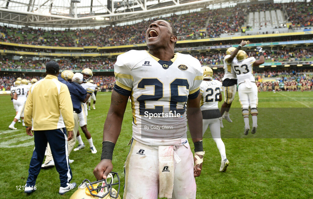 3 September 2016; Georgia Tech running back Dedrick Mills, who scored his team's winning touchdown, celebrates at the final whistle during the Aer Lingus College Football Classic match between Boston College Eagles and Georgia Tech Yellow Jackets at the Aviva Stadium in Lansdowne Road, Dublin. Photo by Cody Glenn/Sportsfile