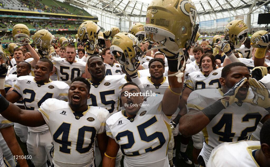 3 September 2016; Georgia Tech players including P.J. Davis (40) and Tre' Jackson (25) celebrate winning the Aer Lingus College Football Classic match between Boston College Eagles and Georgia Tech Yellow Jackets at the Aviva Stadium in Lansdowne Road, Dublin. Photo by Cody Glenn/Sportsfile