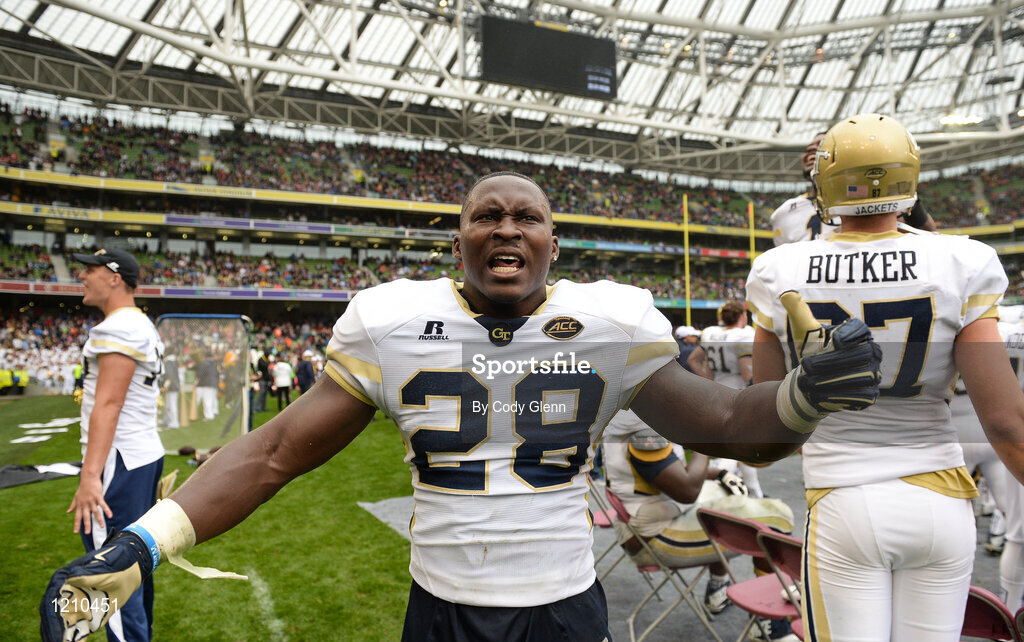 3 September 2016; Georgia Tech running back Dedrick Mills, who scored his team's winning touchdown, celebrates near the end of the game during the Aer Lingus College Football Classic match between Boston College Eagles and Georgia Tech Yellow Jackets at the Aviva Stadium in Lansdowne Road, Dublin. Photo by Cody Glenn/Sportsfile