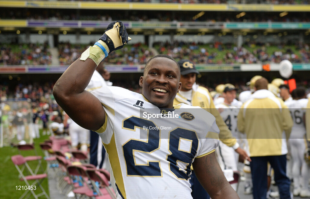3 September 2016; Georgia Tech running back Dedrick Mills, who scored his team's winning touchdown, celebrates near the end of the game during the Aer Lingus College Football Classic match between Boston College Eagles and Georgia Tech Yellow Jackets at the Aviva Stadium in Lansdowne Road, Dublin. Photo by Cody Glenn/Sportsfile