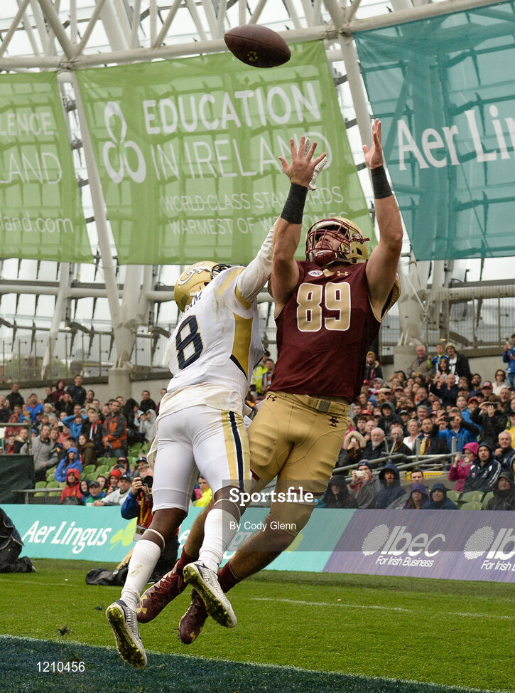3 September 2016; Boston College tight end Tommy Sweeney catches the pass but is ruled out of bounds resulting in no touchdown and an incompletion under pressure from Georgia Tech defensive back Step Durham during the Aer Lingus College Football Classic match between Boston College Eagles and Georgia Tech Yellow Jackets at the Aviva Stadium in Lansdowne Road, Dublin. Photo by Cody Glenn/Sportsfile