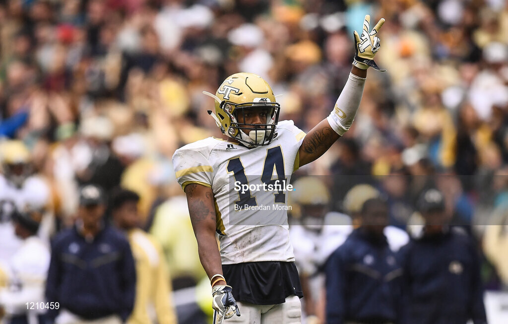 3 September 2016; Defensive Back Corey Griffin of Georgia Tech Yellow Jackets reacts during the final moments of the Aer Lingus College Football Classic match between Boston College Eagles and Georgia Tech Yellow Jackets at the Aviva Stadium in Lansdowne Road, Dublin. Photo by Brendan Moran/Sportsfile