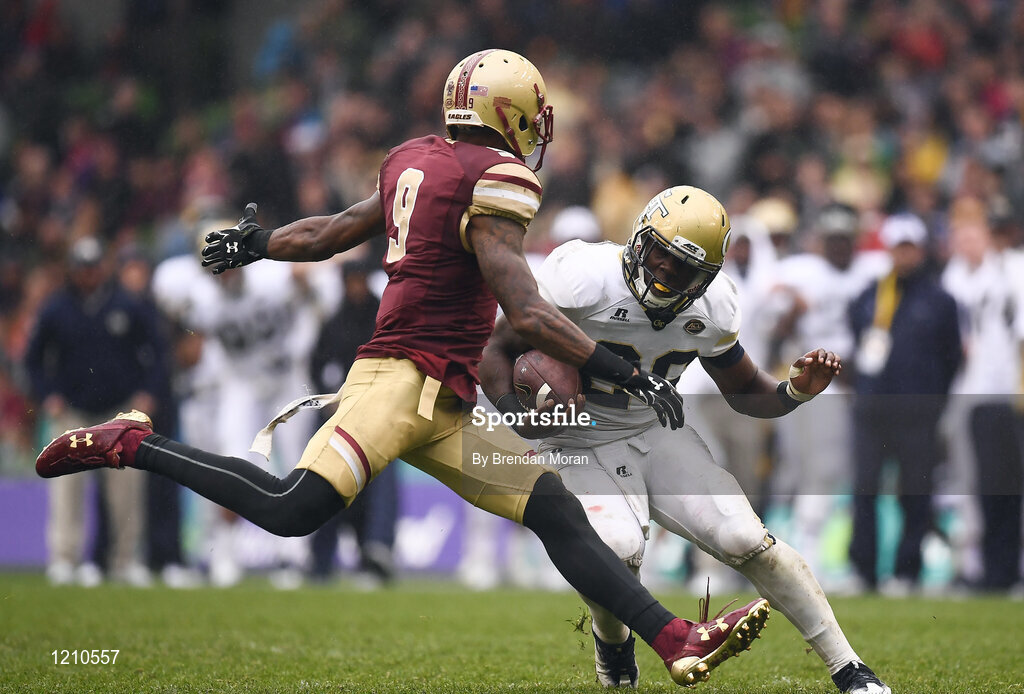 3 September 2016; Dedrick Mills of Georgia Tech Yellow Jackets takes on Defensive Back John Johnson of Boston College Eagles during the Aer Lingus College Football Classic match between Boston College Eagles and Georgia Tech Yellow Jackets at the Aviva Stadium in Lansdowne Road, Dublin. Photo by Brendan Moran/Sportsfile