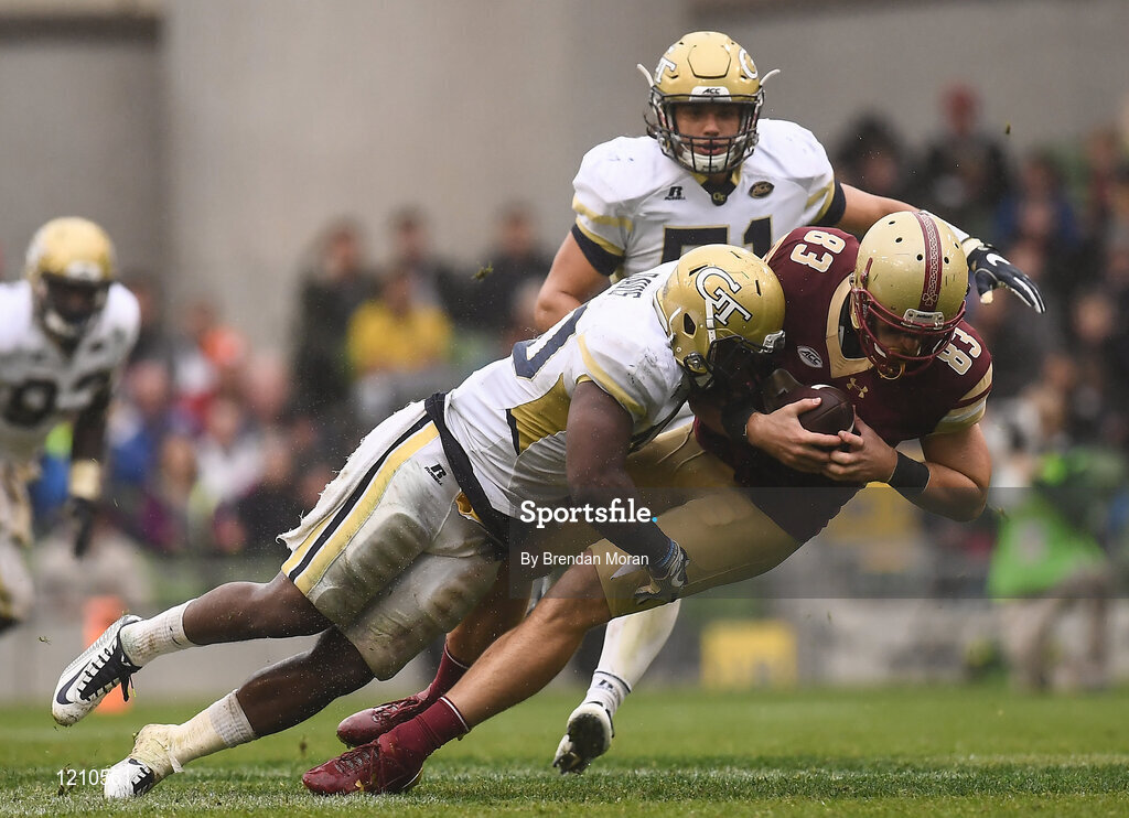 3 September 2016; Wide Receiver Charlie Callinan of Boston College Eagles is tackled by Linebacker P.J. Davis of Georgia Tech Yellow Jackets during the Aer Lingus College Football Classic match between Boston College Eagles and Georgia Tech Yellow Jackets at the Aviva Stadium in Lansdowne Road, Dublin. Photo by Brendan Moran/Sportsfile