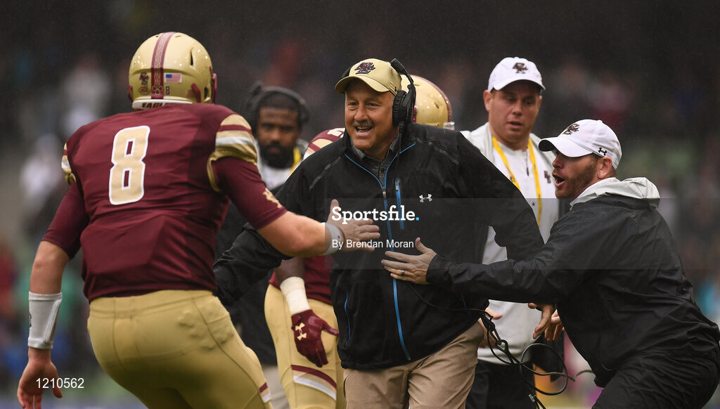 3 September 2016; Boston College head coach Steve Addazio (C), celebrates with Quarterback #8 Patrick Towles of Boston College Eagles after he scored their second touchdown of the game during the Aer Lingus College Football Classic match between Boston College Eagles and Georgia Tech Yellow Jackets at the Aviva Stadium in Lansdowne Road, Dublin. Photo by Brendan Moran/Sportsfile