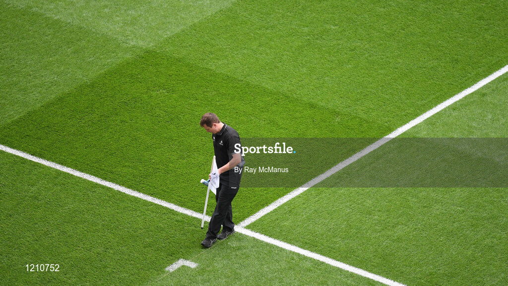 4 September 2016; Pitch manager Stuart Wilson settles a flag on the pitch before during the GAA Hurling All-Ireland Senior Championship Final match between Kilkenny and Tipperary at Croke Park in Dublin. Photo by Ray McManus/Sportsfile