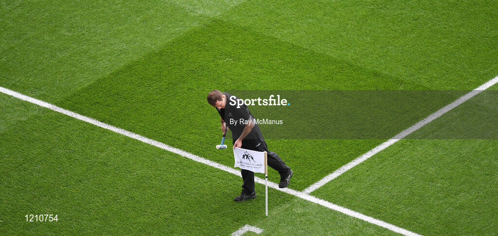 4 September 2016; Pitch manager Stuart Wilson settles a flag on the pitch before during the GAA Hurling All-Ireland Senior Championship Final match between Kilkenny and Tipperary at Croke Park in Dublin. Photo by Ray McManus/Sportsfile