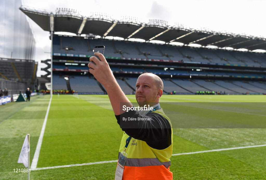 4 September 2016; Croke Park steward John Holland, from Cullohill, Co Laois, takes a selfie ahead of the GAA Hurling All-Ireland Senior Championship Final match between Kilkenny and Tipperary at Croke Park in Dublin. Photo by Daire Brennan/Sportsfile