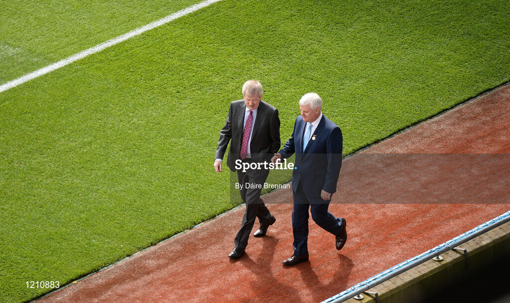 4 September 2016; Uachtarán Chumann Lúthchleas Aogán Ó Fearghail, right, and Ard Stiúrthoir Paraic Duffy ahead of the GAA Hurling All-Ireland Senior Championship Final match between Kilkenny and Tipperary at Croke Park in Dublin. Photo by Daire Brennan/Sportsfile