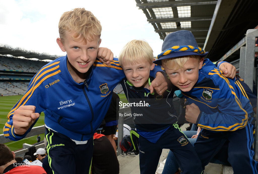 4 September 2016; Tipperary supporters, from left, Harry Groome, age 10, Patrick Groome, age 8, and Daniel Groome, age 7, from Borrisoleigh, Co Tipperary, ahead of the GAA Hurling All-Ireland Senior Championship Final match between Kilkenny and Tipperary at Croke Park in Dublin. Photo by Cody Glenn/Sportsfile
