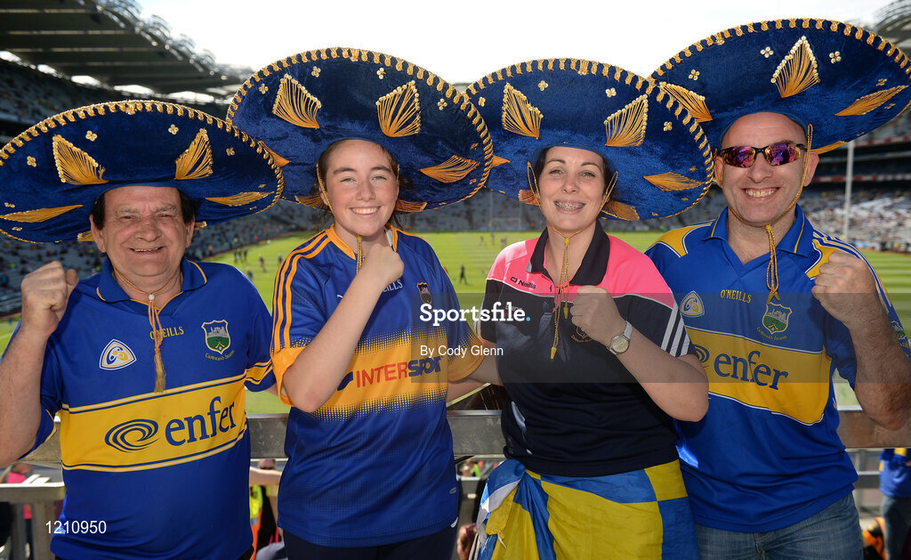 4 September 2016; Tipperary supporters, from left, Ricky McGrath, Caitlin Butler, Emma McGrath, and Paul McGrath, from Carrick-On-Suir, Co Tipperary, ahead of the GAA Hurling All-Ireland Senior Championship Final match between Kilkenny and Tipperary at Croke Park in Dublin. Photo by Cody Glenn/Sportsfile