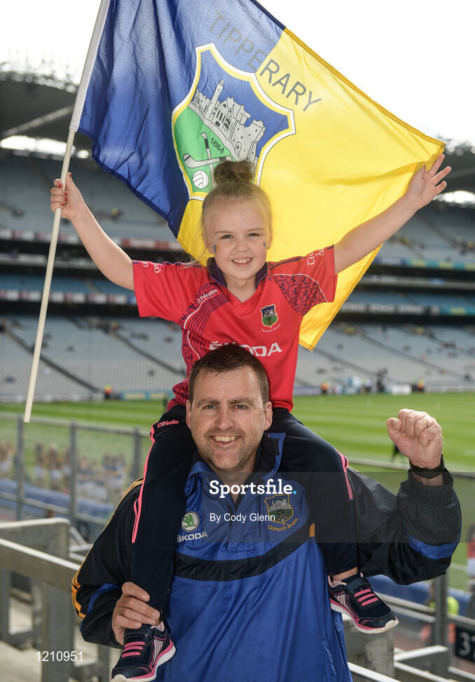 4 September 2016; Tipparary supporters Kevin Cooney and daughter Caragh Cooney, age 6, from Newtown Co Tippeary, ahead of the GAA Hurling All-Ireland Senior Championship Final match between Kilkenny and Tipperary at Croke Park in Dublin. Photo by Cody Glenn/Sportsfile