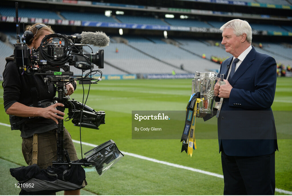 4 September 2016; RTÉ presenter Michael Lyster with the Liam MacCarthy ahead of the GAA Hurling All-Ireland Senior Championship Final match between Kilkenny and Tipperary at Croke Park in Dublin. Photo by Cody Glenn/Sportsfile