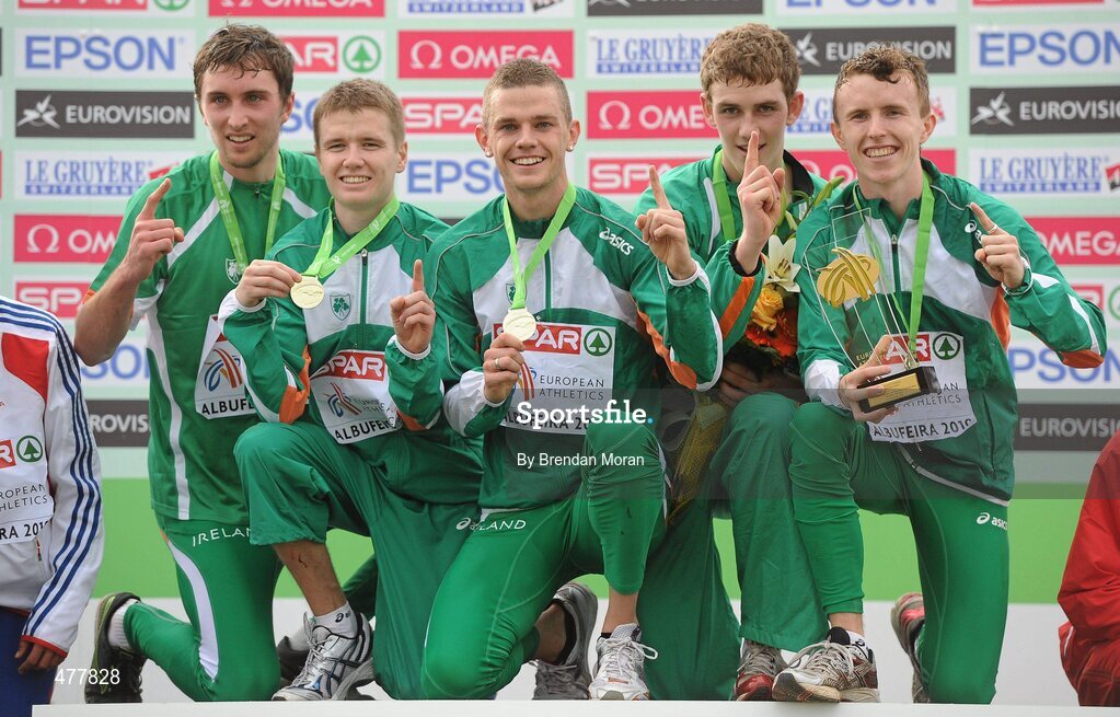 12 December 2010; The Ireland U23 men's team, from left, David McCarthy, Brendan O'Neill, Michael Mulhare, David Rooney and John Coghlan with their team gold medals. 17th SPAR European Cross Country Championships, Albufeira, Portugal. Picture credit: Brendan Moran / SPORTSFILE