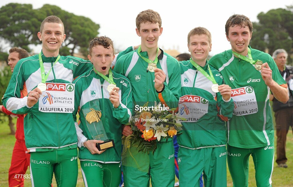 12 December 2010; The Ireland U23 men's team, from left, David McCarthy, Brendan O'Neill, Michael Mulhare, David Rooney and John Coghlan with their team gold medals. 17th SPAR European Cross Country Championships, Albufeira, Portugal. Picture credit: Brendan Moran / SPORTSFILE