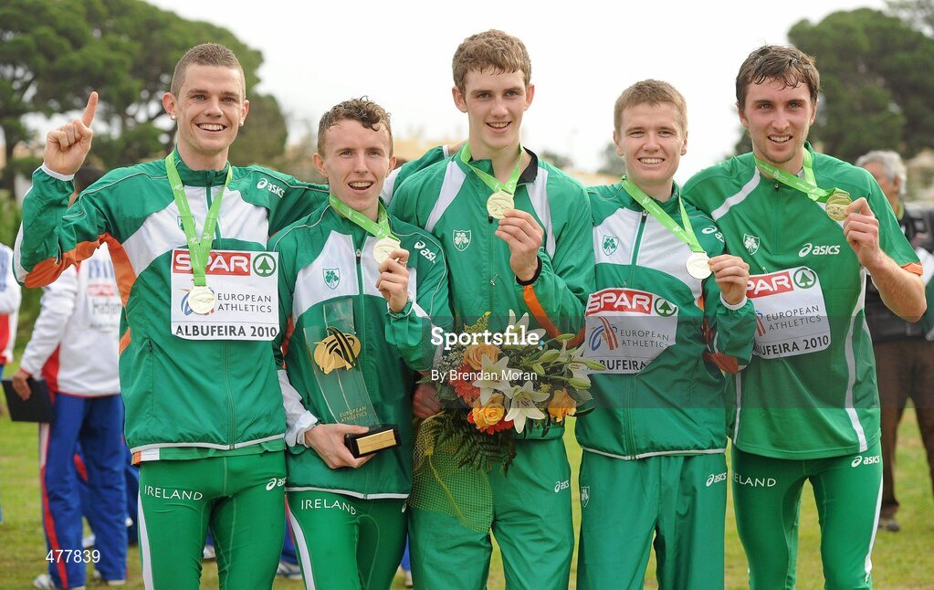 12 December 2010; The Ireland U23 men's team, from left, David McCarthy, Brendan O'Neill, Michael Mulhare, David Rooney and John Coghlan with their team gold medals. 17th SPAR European Cross Country Championships, Albufeira, Portugal. Picture credit: Brendan Moran / SPORTSFILE