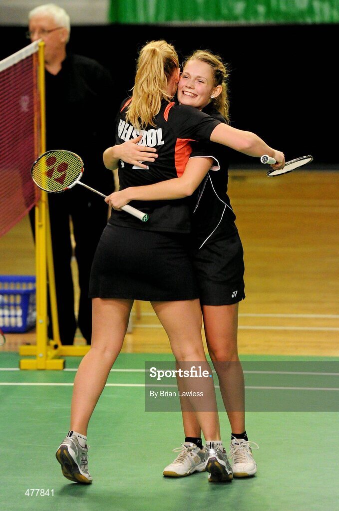 12 December 2010; Denmark's Maria Helsbol, left, and team-mate Anne Skelbaek celebrate after their final against England's Heather Olver and Mariana Agathangelou. Denmark won the match 12-21, 21-12, 21-15. Yonex Irish International Badminton Championship Finals, Women's Doubles Final, Denmark v England, Baldoyle Badminton Centre, Dublin. Picture credit: Brian Lawless / SPORTSFILE