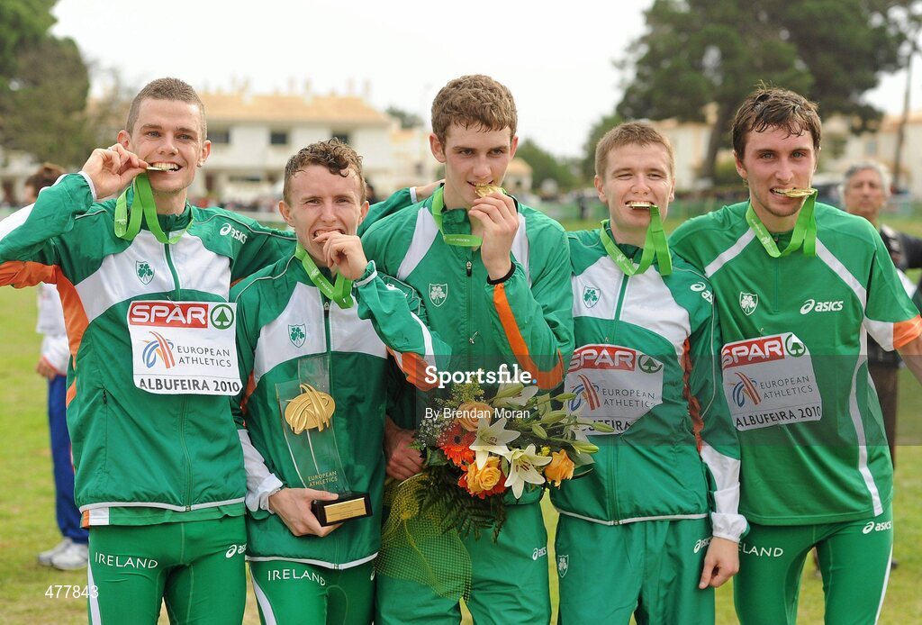 12 December 2010; The Ireland U23 men's team, from left, David McCarthy, Brendan O'Neill, Michael Mulhare, David Rooney and John Coghlan with their team gold medals. 17th SPAR European Cross Country Championships, Albufeira, Portugal. Picture credit: Brendan Moran / SPORTSFILE