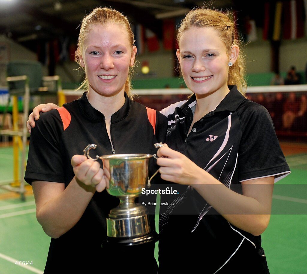 12 December 2010; Denmark's Maria Helsbol, left, and team-mate Anne Skelbaek with the cup after their final against England's Heather Olver and Mariana Agathangelou. Denmark won the match 12-21, 21-12, 21-15. Yonex Irish International Badminton Championship Finals, Women's Doubles Final, Denmark v England, Baldoyle Badminton Centre, Dublin. Picture credit: Brian Lawless / SPORTSFILE